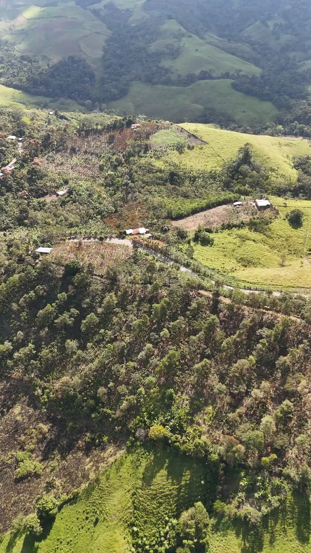 Vista aérea del terreno de Amazon Hills: cerros verdes, el camino comunal y las casas de Nuevo Celendín