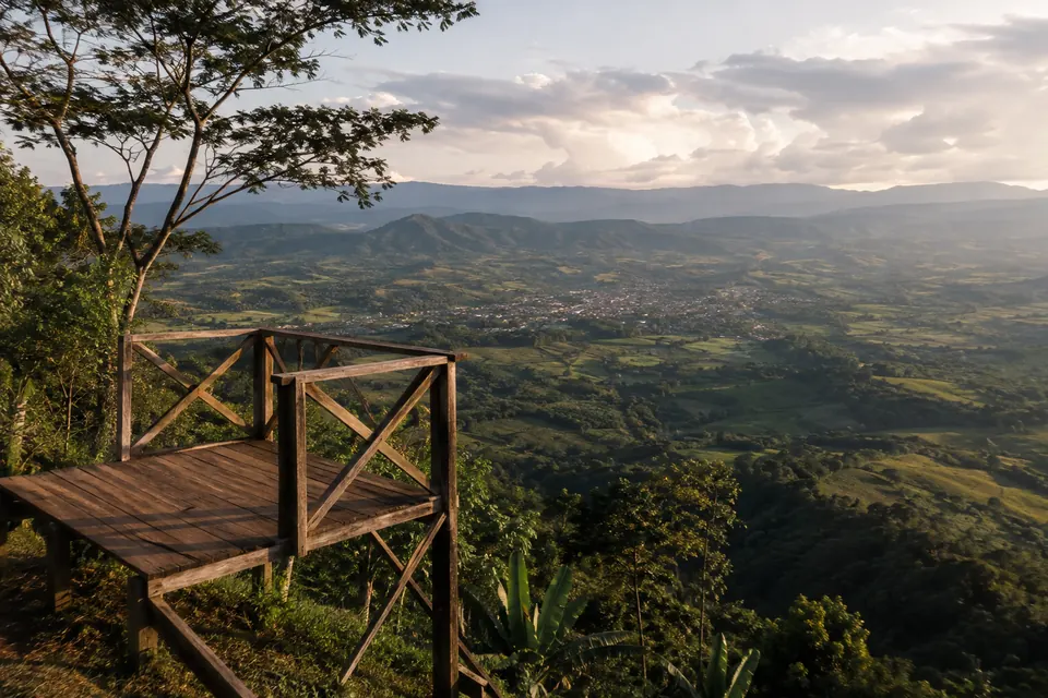 Mirador de madera sobre el valle, en la selva alta