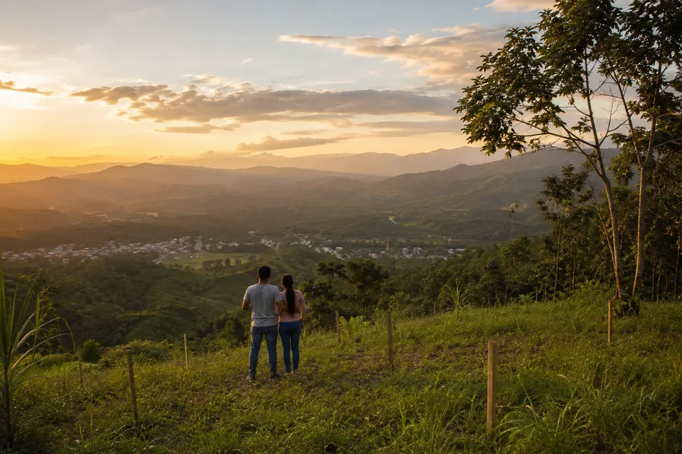 Una pareja mira el valle desde su lote, al atardecer. Imagen referencial.